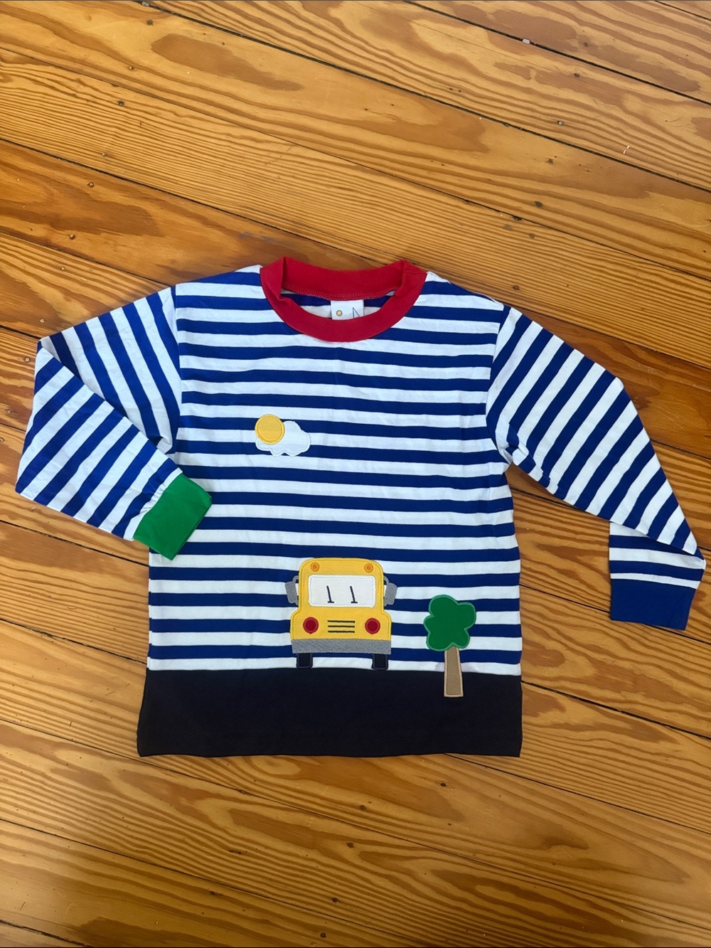 Florence Eiseman Blue & White Striped Tee with Red Neck and Green Cuffs